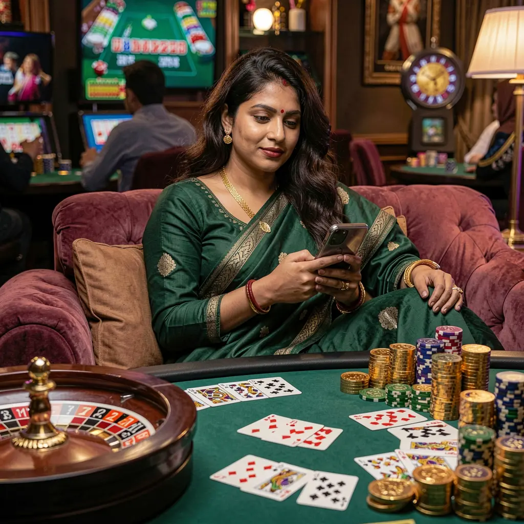 Serene Bangladeshi woman relaxing on a sofa while using the BD1888 casino app surrounded by roulette wheels playing cards and gold coins