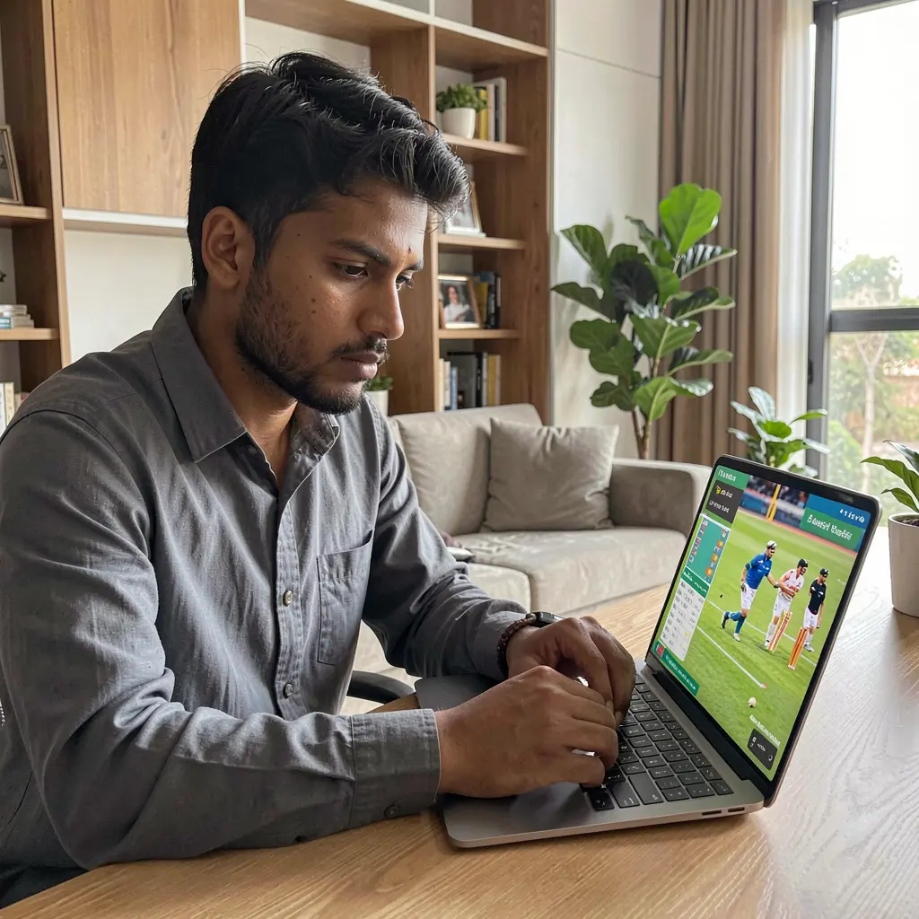 Focused Bangladeshi sports bettor analyzing live cricket odds on a laptop at home using the BD1888 betting platform