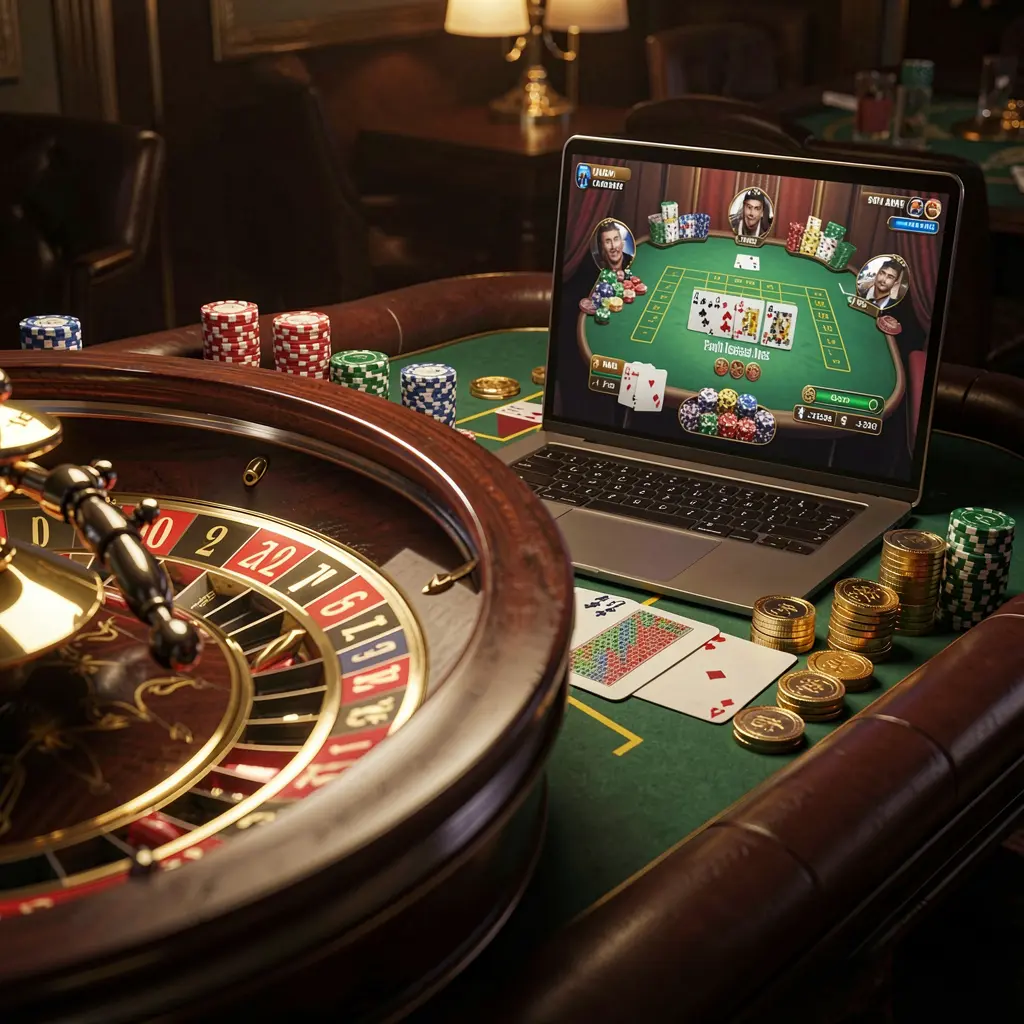 Elegant online roulette setup with stacked casino chips and a digital wheel on a laptop screen highlighting the premium live casino atmosphere at BD1888
