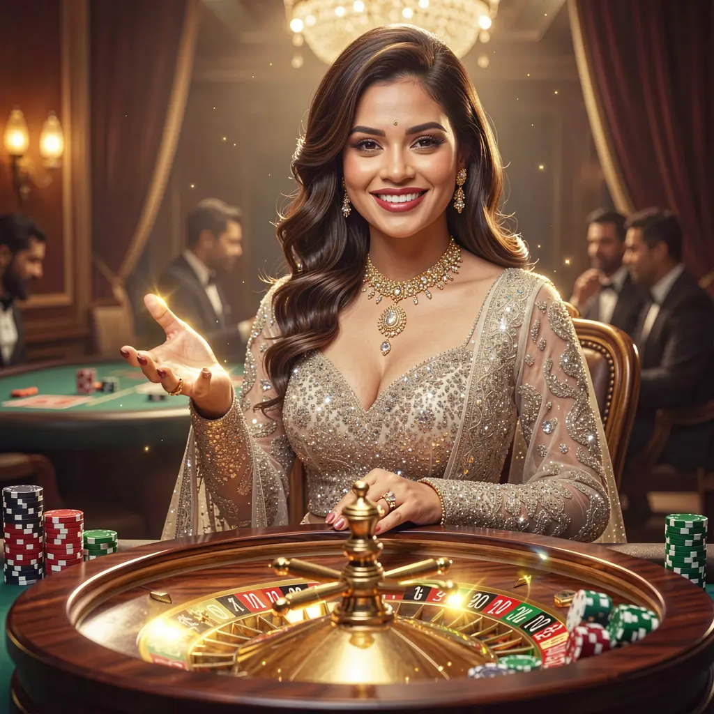 Smiling casino hostess inviting players to log in with floating poker chips and a glowing roulette wheel on the secure BD1888 platform for Bangladesh