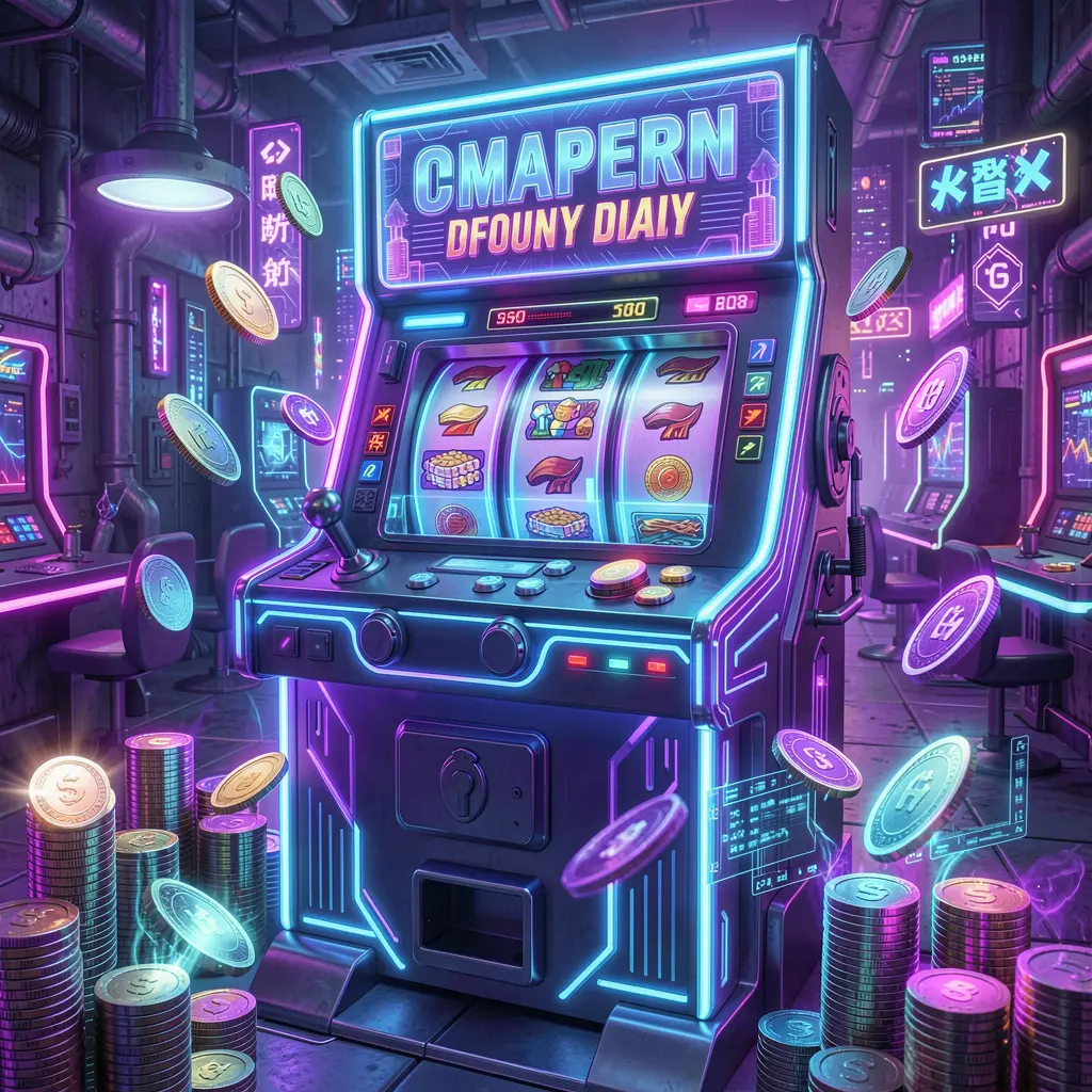 Futuristic slot machine with glowing reels and floating coins in a cyber casino atmosphere showcasing the high tech gaming experience at BD1888 for players in Bangladesh